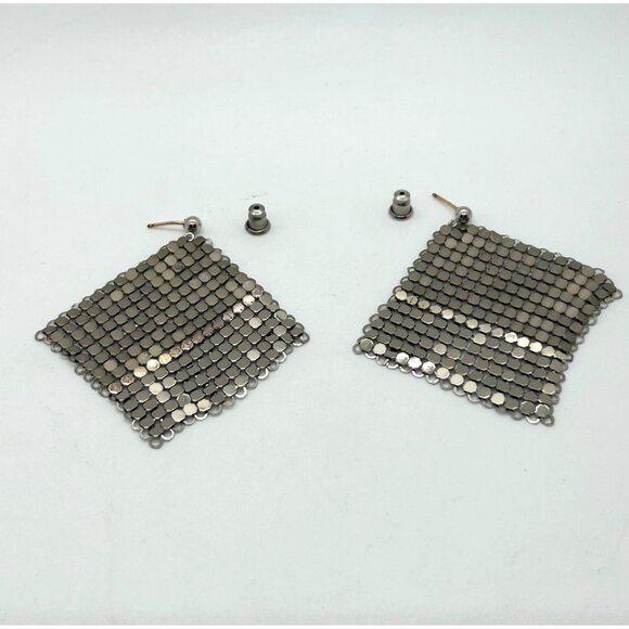 Vintage Silver-Tone Mesh Dangle Earrings Two-Tone Geometric Chic Chainmail - Picture 2 of 13